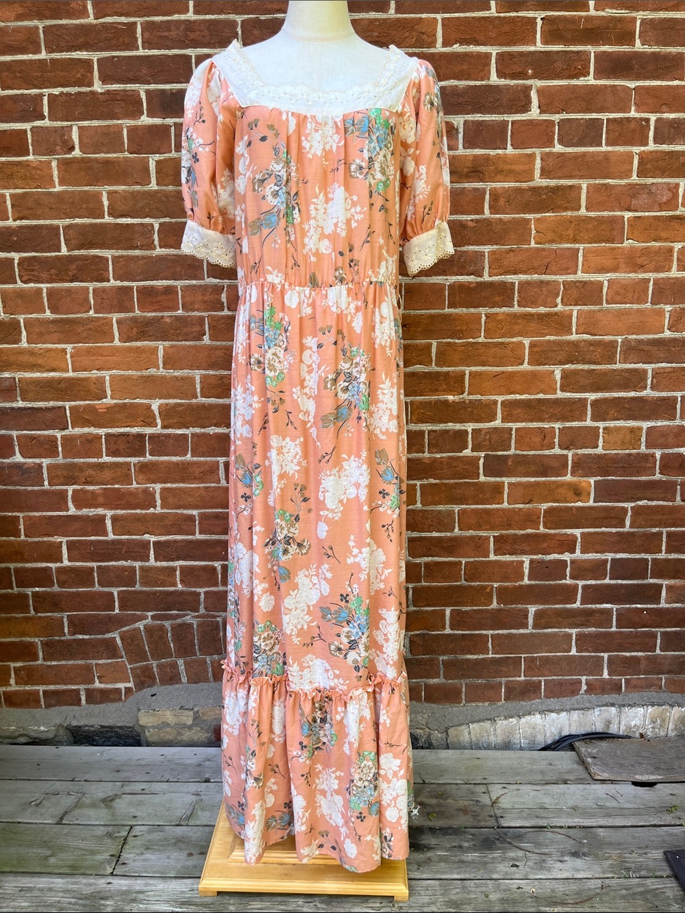 '70s Peach Floral Maxi Prairie Dress with Lace Trim